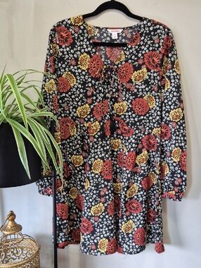 Black Floral Tie-Neck Boho Dress